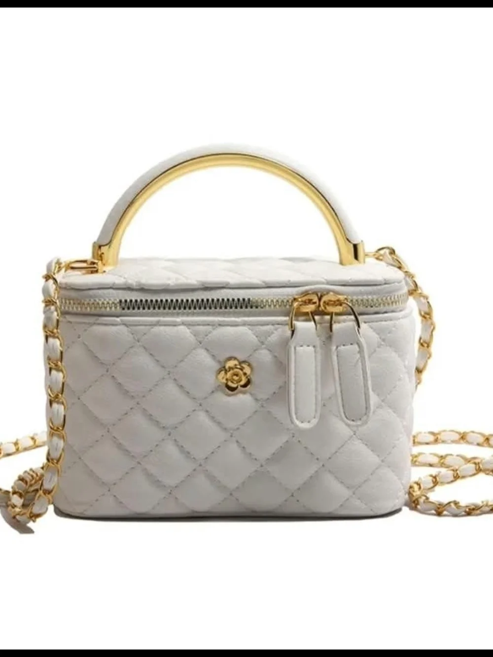 White Quilted Chain-Handle Crossbody Vanity Bag